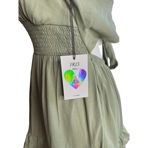 IRIS Dress Womens Olive Green Smocked Waist Ruffled Mini Dress Size L - Picture 5 of 7